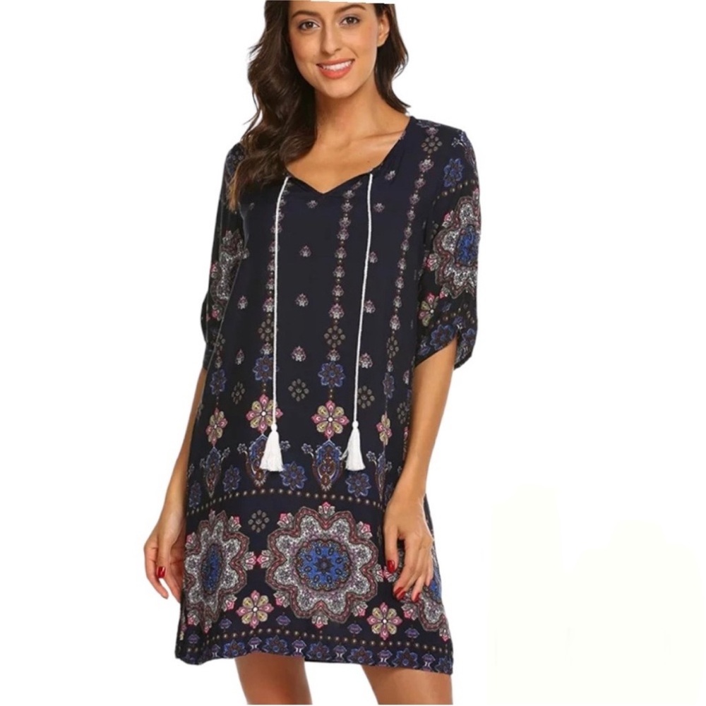 Halife Navy‎ Blue Floral Print Tassel Tie Neck 3/4 Sleeve Tunic Dress
